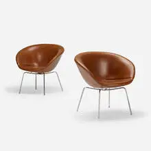 Pot chairs, pair by Arne Jacobsen, leather, matte chrome-plated steel, sold Jan 2019
