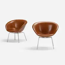 Pot chairs, pair by Arne Jacobsen, leather, matte chrome-plated steel, sold Jan 2019