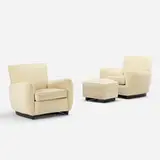 Art Déco, lounge chairs, pair and ottoman, c. 1935, upholstery, lacquered wood