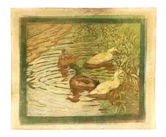 E... Possner, Untitled, E... Possner (20th century) Ducks linocut, on buff oriental paper