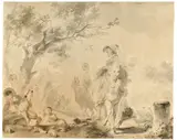 Jean-Honoré Fragonard, Promenade à Cheval – The Cavalcade, Um 1782, Schwarze Kreide, Pinsel und grau laviert, Feder und schwarze Tinte, mit Aquarell gehöht auf Bütten