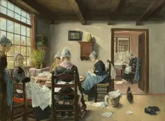 Fritz von Uhde, Holländische Nähstube, 1882, Öl auf Leinwand. Doubliert