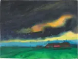 Emil Nolde, Marschlandschaft mit Bauernhof, Aquarell auf Japan