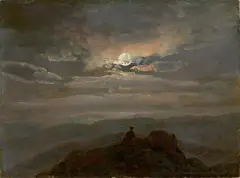 Johan Christian Clausen Dahl, Mondscheinlandschaft („Wanderer on a Mountain Top“), 1823, Öl auf Papier auf Pappe