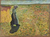 Wilhelm Morgner, Schreitende Frau in Landschaft, 1910, Öl auf Rupfen