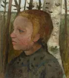 Paula Modersohn-Becker, Brustbild eines Mädchens nach links vor Birken, 1903, Tempera auf Pappe