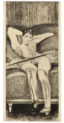 Max Klinger, Junge Frau auf Diwan, Um 1880, Tuschfeder, Pinsellavur und Materialdruck auf Papier