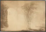 Caspar David Friedrich, Feuer in einer Kirchenruine, Um 1800, Sepia über Bleistift auf Papier