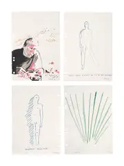 Sigmar Polke, ... höhere Wesen befehlen, 1967, Original-Kartonschachtel mit 4 Zeichnungen in Aquarell, Bleistift bzw. Kugelschreiber, auf kariertem bzw. liniertem Papier, jeweils in der originalen Montierung auf Karton, und 14 Offsetdrucken, jeweils auf Papier