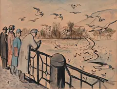 Cyril Bouda, Feeding Seagulls, Watercolour, ink, cardboard