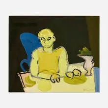 Keith Vaughan, Yellow Figure Seated, 1950, gouache, wax crayon and wax resist on paper laid to board