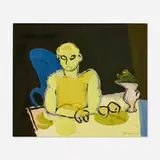 Keith Vaughan, Yellow Figure Seated, 1950, gouache, wax crayon and wax resist on paper laid to board