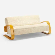 Sofa by Alvar Aalto, c. 1980, upholstery, laminated birch, sold Mar 2024