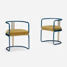 Dimoremilano, Razionalista chairs, pair, 2009, mohair upholstery, painted metal, brass
