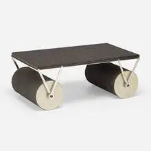 Patrick Naggar, Cylinder coffee table, c. 1985, chrome-plated steel, granite, PVC rubber, aluminum