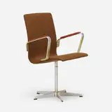 Arne Jacobsen, Oxford chair, 1965, matte chrome-plated brass, upholstery, leather
