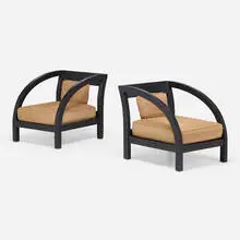 Paul Frankl, Lounge chairs, pair, c. 1935, enameled wood, upholstery