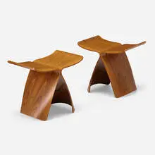 Butterfly stools, pair by Sori Yanagi, rosewood, brass, sold Mar 2024