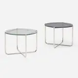 MR tables, set of two by Ludwig Mies van der Rohe, stainless steel, smoked glass, glass, sold Mar 2024