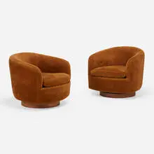 Lounge chairs, pair by Milo Baughman, 1976, microfiber upholstery, walnut, sold Mar 2024