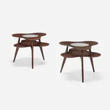 Erno Fabry, Occasional tables, pair, c. 1955, stained mahogany and walnut, glass