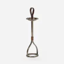 Ashtray stand by Jacques Adnet, c. 1950, saddle-stitched leather over steel, pewter-washed wrought iron, sold Mar 2024