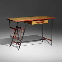 Desk by attribution Jacques Adnet, c. 1950, saddle-stitched leather, ash, steel, sold Mar 2024