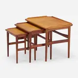 Nesting tables, set of three by Finn Juhl, 1951, walnut, sycamore, sold Mar 2024