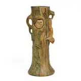 earthenware Woodcraft stump vase with owl and squirrel by Weller Pottery, sold Jun 2021