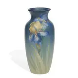 Sarah McLaughlin for Weller Pottery, Hudson earthenware vase with life-size iris decoration