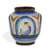 Maija Grotell, earthenware vase with four panels each showing a potter at the wheel