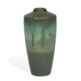 Sallie Coyne for Rookwood Pottery, Green Vellum glaze earthenware scenic landscape vase
