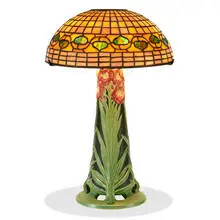 Kataro Shirayamadani for Rookwood Pottery & Tiffany Studios, Table lamp: Acorn shade on a carved base