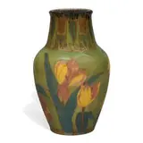 unusual Black Opal glaze vase with colorful tulip decoration by Sara Sax for Rookwood Pottery, sold Jun 2021