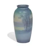 Sallie Coyne for Rookwood Pottery, earthenware Vellum glaze scenic landscape vase