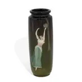 Dark Iris glaze vase with a Gypsy girl playing a tambourine by Harriet Elizabeth Wilcox for Rookwood Pottery, sold Jun 2021