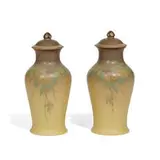 Lenore Asbury for Rookwood Pottery, Vellum glaze lidded vases or urns with quince decoration