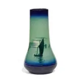 Sallie Coyne for Rookwood Pottery, earthenware Iris glaze vase with moonlit harbor scene