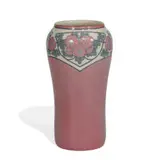 porcelain vase with three panels of rose decoration by Harriet Elizabeth Wilcox for Rookwood Pottery, sold Jun 2021