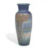 porcelain Vellum glaze vase with a scenic fall landscape by Edward T. Hurley for Rookwood Pottery, sold Jun 2021