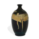 John Dee Wareham for Rookwood Pottery, rare carved earthenware Black Iris glaze vase with three dragonflies