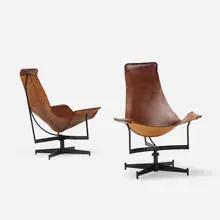 William Katavolos, lounge chairs, pair, c. 1969, enameled steel, leather