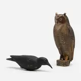 The Herter's Company, Great Horned Owl and crow decoys, c. 1940, carved and hand-painted wood, glass
