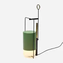 Angelo Lelii, table lamp, c. 1955, enameled brass, frosted glass, enameled aluminum, brass, monofilament line