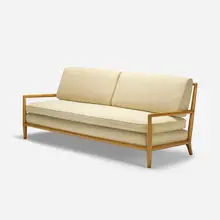 sofa, model 1678 by T. H. Robsjohn-Gibbings, c. 1955, bleached walnut, upholstery, sold Oct 2018