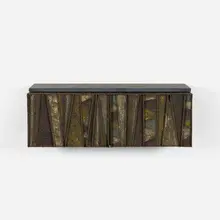 wall-mounted cabinet, model PE 19 by Paul Evans, c. 1970, welded and patinated steel, slate, sold Oct 2018