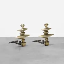 andirons, pair by Alberto Giacometti, 1936 / 1985, nickel-plated cast bronze, enameled steel, sold Oct 2018