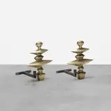 andirons, pair by Alberto Giacometti, 1936 / 1985, nickel-plated cast bronze, enameled steel, sold Oct 2018