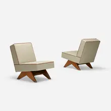 Pierre Jeanneret, pair of lounge chairs from Punjab University, Chandigarh, 1952-56, upholstery, teak, leather