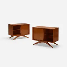 nightstands, pair by Vladimir Kagan, c. 1950, walnut, sold Oct 2018